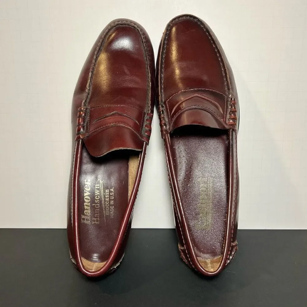 Mens HANDSEWN Cognac Brown Leather Slip On Moccasin Loafers / Size 9.5 Medium